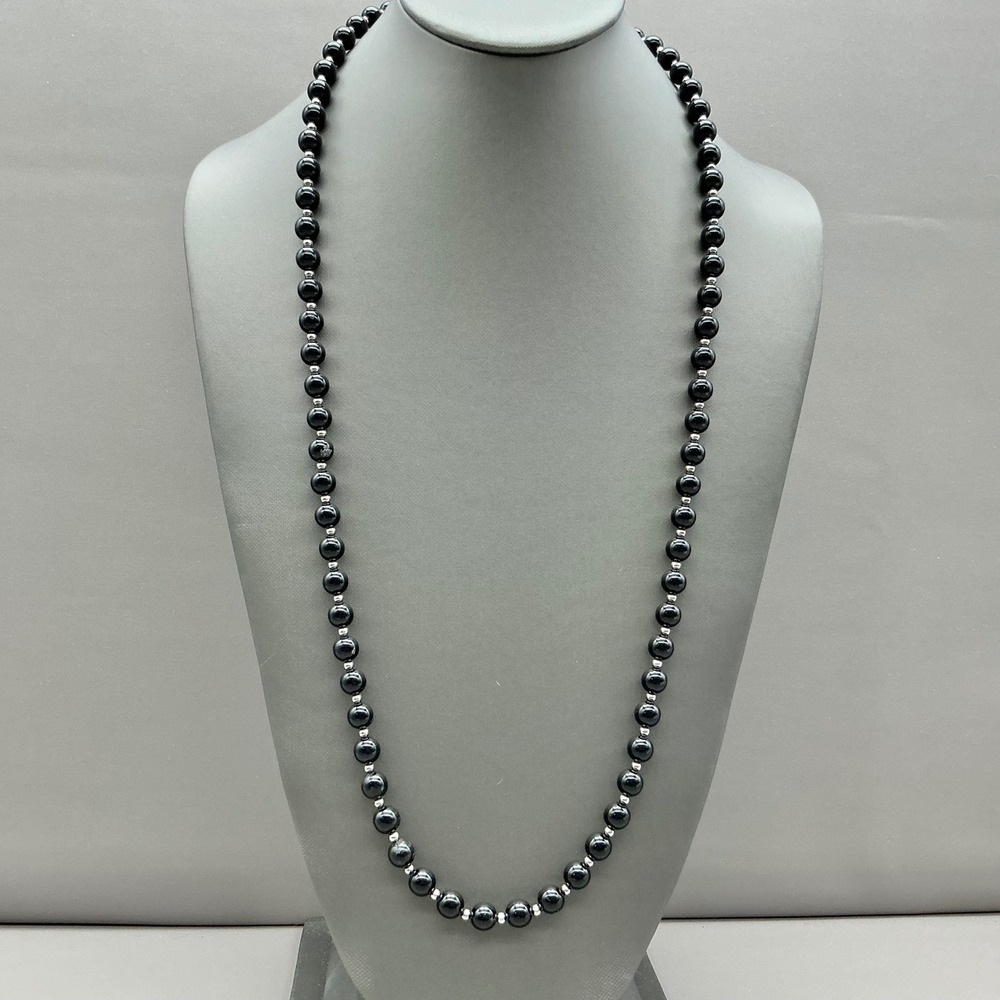 Monet Necklace Womens Black Silver tone Vintage Beaded Strand Classic 26‎ Inch